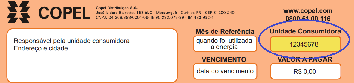 Exemplo de localização da Unidade Consumidora na fatura
